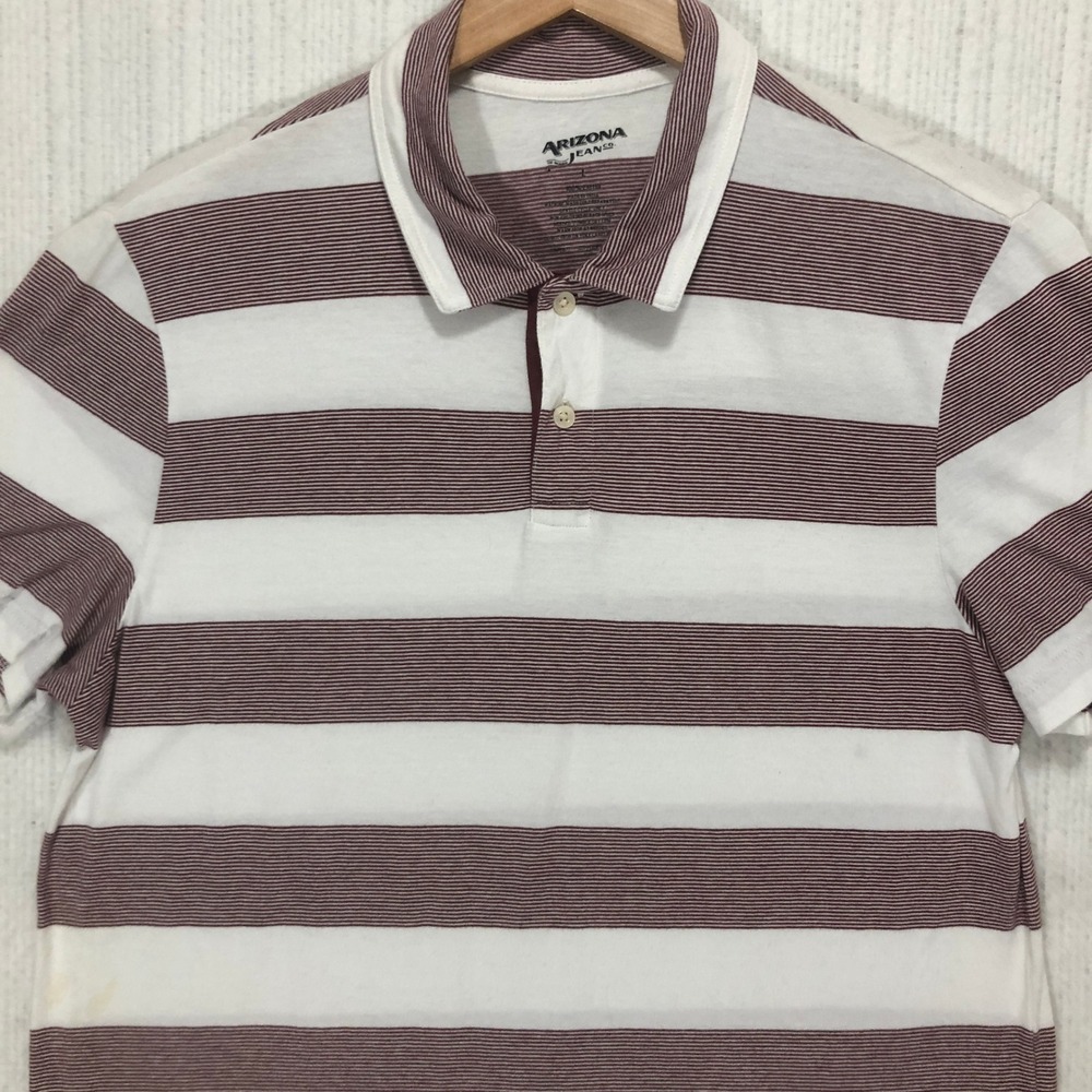 Arizona Jean Co Mens Large Polo Shirt Burgundy White Striped Short Sleeve Cotton